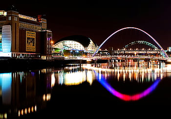 Newcastle Quayside, Millennium Bridge, Tyne River, night view, illuminated bridge, building beside bridge, reflection, stunning night, Baltic Flour Mills, Victory poster, cityscape