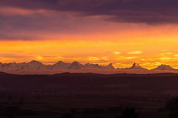Alperne, bjerge, daggry, landskab, natur, himmel, tidlig morgen, solopgang