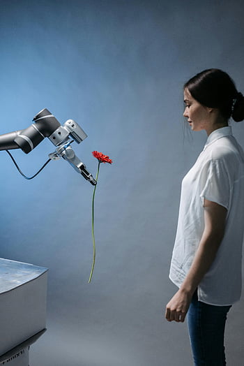 robot, woman, red flower, technology, nature integration, robotic arm, human interaction, futuristic scene, artificial intelligence, modern art, symbolic gesture