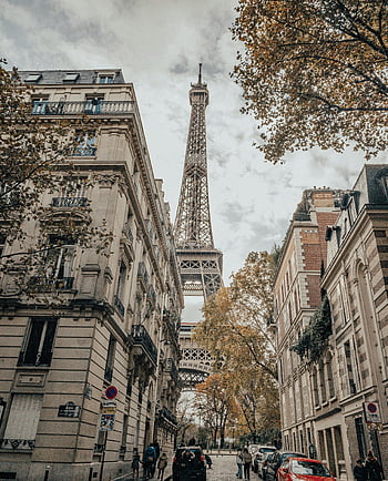turnul Eiffel, Strada pariziană, sezonul de toamna, punct de reper iconic, Arhitectură elegantă, frunze de toamna, Paris, Franta, scenă urbană, clădiri istorice, vedere de strada, peisaj urban