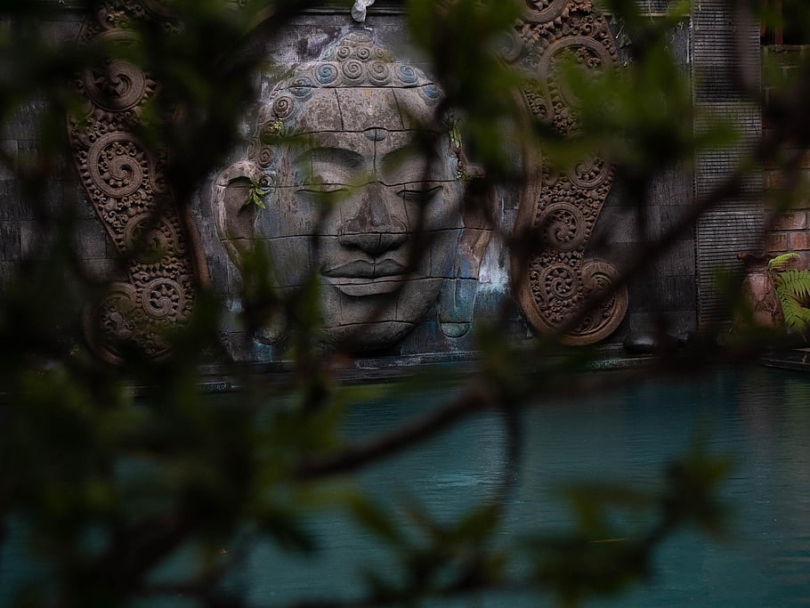 Buddha, bazén, poboček, klidný, uklidnit