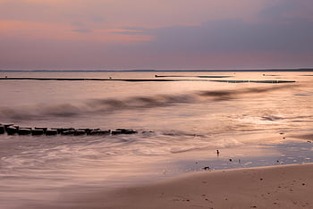 sea, beach, waves, groynes, sunset, coast, shore, water, nature, evening Mood, baltic Sea