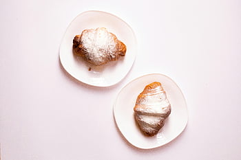 croissants, powdered sugar, white plates, tasty breakfast, pastries, two pastries, breakfast idea, white background, food photography, dessert, breakfast pastries