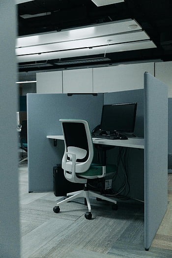 empty workspace, modern office cubicle, computer, swivel chair, ready for work, office furniture, workspace design, office environment, professional setting, cubicle setup, office technology