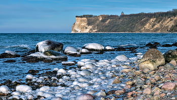 coast, stones, water, frozen, cold, nature, frost, black Ice, winter, cliff, landscape
