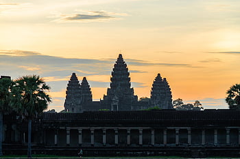 angkor wat, Příroda, chrám, věže, svítání, siem reap, Kambodža, starověké, náboženství, ruiny, hinduismus