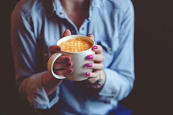 woman, white ceramic cup, pink nails, warm latte, mug, casual outfit, coffee, drink, cozy, hands, holding