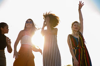 joyful young women, multiracial girlfriends, dancing together, party, sunny day, diverse group, outdoor, sunshine, friends, celebration, fun