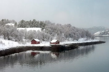 Norsko, zimní, sníh, atlantický, řeky, domy, krajina, Příroda, fjord