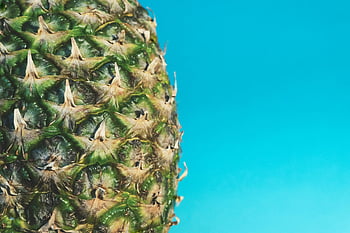 pineapple fruit, green skin, vibrant blue backdrop, detailed view, pineapple texture, tropical fruit, pineapple close-up, blue background, pineapple surface, fruit photography, pineapple pattern