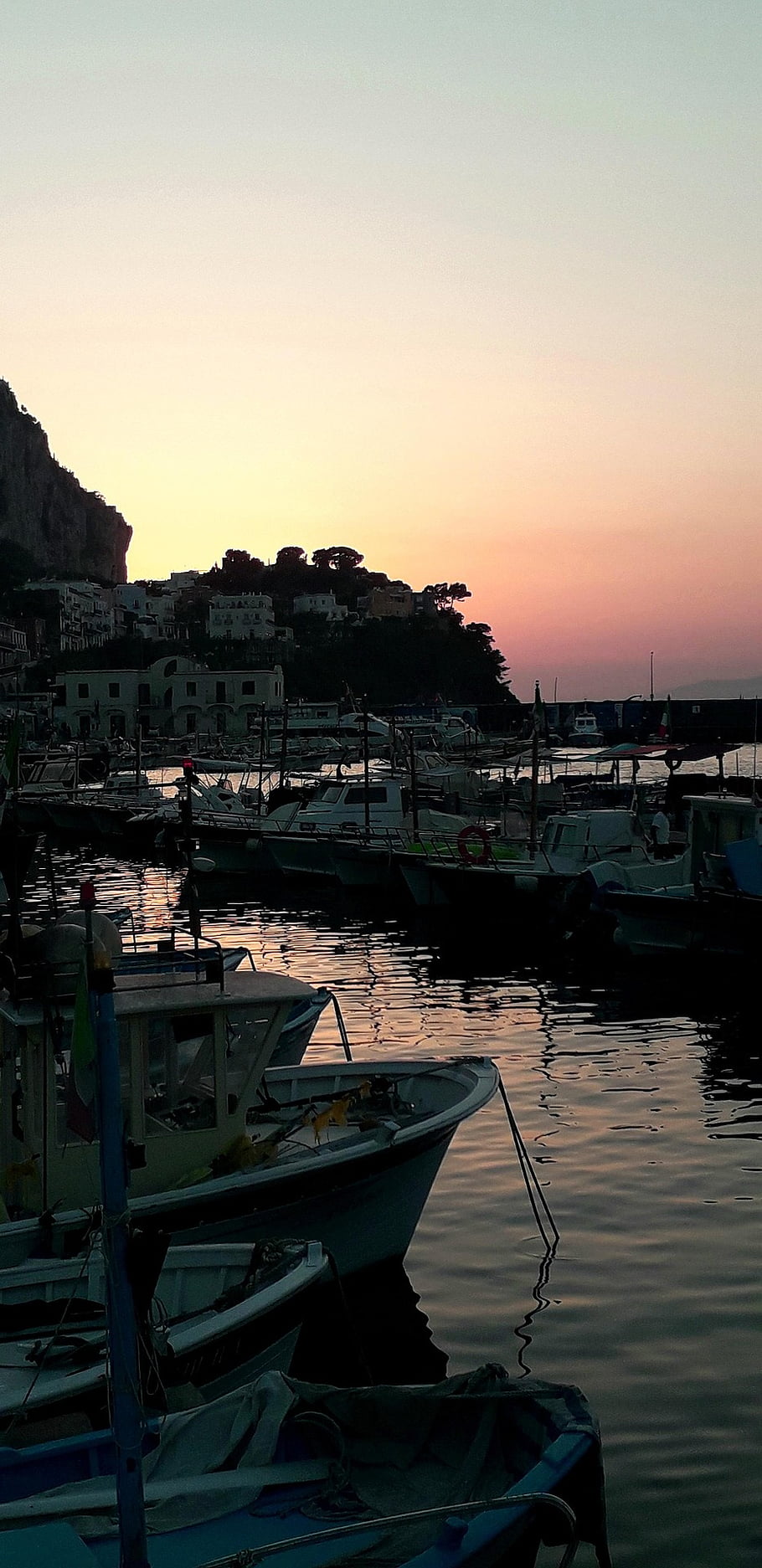 sunset, boats, port, sea, italy, harbor, village, town, dusk, evening, dark
