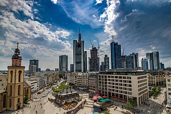 letecký pohled, hauptwache, frankfurt am main, Německo, Moderní panorama, mrakodrapy, dramatická obloha, panoráma města, městské krajiny, Architektonické památky, finanční okres