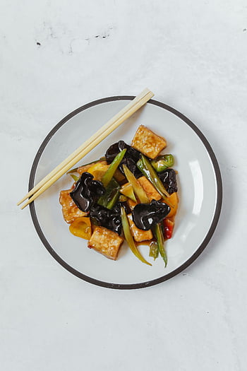 stir fried vegetables, chopsticks, ceramic plate, tofu, mushrooms, Asian stir fry, delicious vegetables, vegetarian dish, healthy meal, Asian cuisine, ceramic dishware
