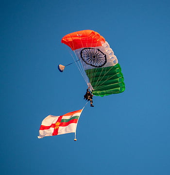 skydiver, parachute, Indian flag, Navy flag, blue sky, Visakhapatnam, person flying, flags, skydiving, aerial, patriotic