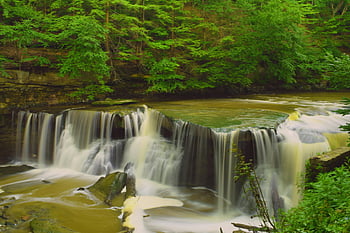 waterfall, lush green forest, cascading waterfall, river surrounded with trees, nature photography, forest scenery, natural landscape, greenery, water flow, serene environment, outdoor beauty
