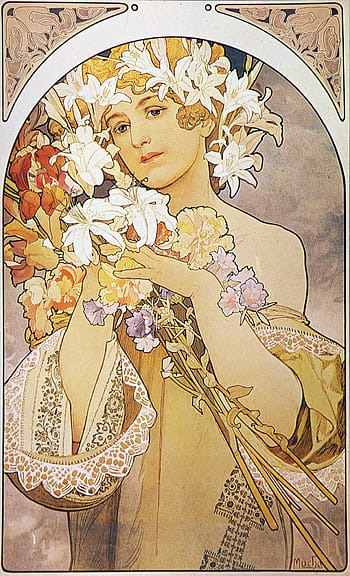 Alphonse Mucha, Art Nouveau, Flowers, pin-up, high resolution, woman, floral, vintage, illustration, 1897, Mucha-dedicated album