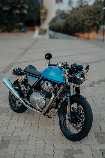 Royal Enfield, จีที 650, รถจักรยานยนต์, ที่จอดอยู่, ทางเท้า, เมือง, สีน้ำเงิน, รอยัล เอนฟิลด์ จีที 650, ในเมือง, ถนน, จักรยาน