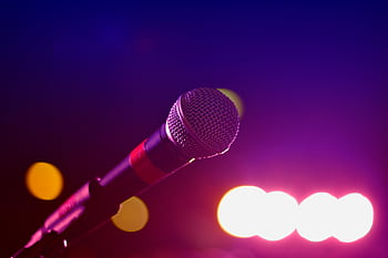 mikropon, merapatkan, pencahayaan panggung, lampu warna-warni, musik, kinerja, konser, dudukan mikrofon, bokeh, hiburan, peralatan audio
