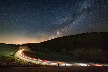 noc, mléčná dráha, silnice, světelné stopy, Hvězdná obloha, automobil, jízda, světlomety, temný, dlouhé expozice, hory