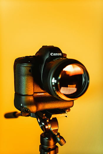 dslr fotoaparát, detailní fotografie, stativ, Oranžové pozadí, fotografické vybavení, kánon fotoaparát, kamerové čočky, profesionální fotografie, držák kamery, foto zařízení, nastavení fotoaparátu