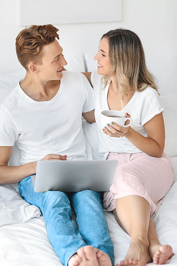 coppia, Camera da letto, il computer portatile, giovane, insieme, maschio, femmina, uomo, donna, persone, computer