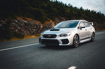 stříbrné Subaru, subaru wrx sti, lesní dálnice, malebné silnici, elegantní design, řízení, auto, Rychlost, venkovní, Příroda, vozidlo