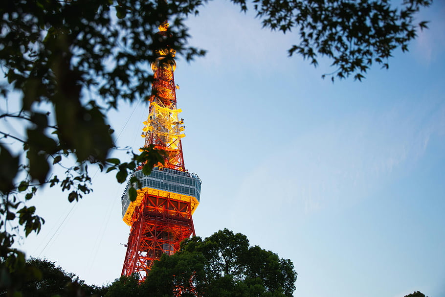 Tokyo Kulesi, parlak televizyon kulesi, mavi bulutlu gökyüzü, şehrin silueti, Akşam gökyüzü, Ağaçlar tarafından çerçevelenmiş, Büyüleyici Görünüm, açık hava, şehir manzarası, aydınlatılmış kule, Japonya'nın simgesi