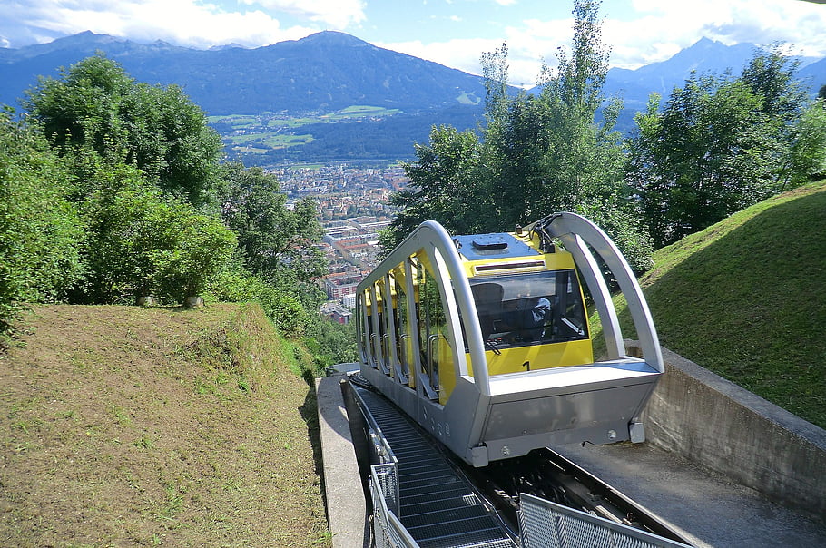 svatby, město, innsbruck nordkettenbahn, Rakousko, Tyrolsko, panoráma, doprava, železniční trať, strmé, schody, vagón