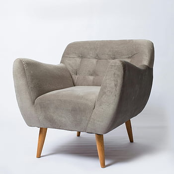 gray armchair, soft cushion armchair, gray upholstery, wooden legs, stylish armchair, white background, modern armchair, comfortable armchair, living room furniture, home decor, gray furniture