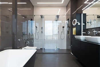 moderní koupelna, Skleněná sprchová kabina, moderní design, dvojitá umyvadla, Elegantní příslušenství, Osvětlená koupelna, vana, minimalistický design, luxusní koupelna, moderní příslušenství, čisté linky