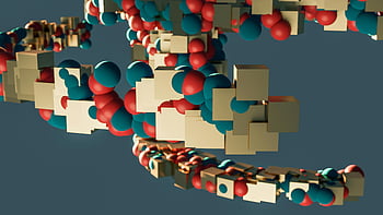 3d καθιστούν, Πολύχρωμοι κύβοι, σφαίρες, γεωμετρικό μοτίβο, μπλε φόντο, δυναμικός σχεδιασμός, αφηρημένη τέχνη, σύγχρονη τέχνη, ψηφιακή τέχνη, 3d απεικόνιση, ζωντανά χρώματα