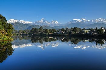 Phewa Lake, Himalayas, Pokhara, Nepal, landscape photography, mountain reflection, stunning view, serene water, natural beauty, travel destination, scenic landscape