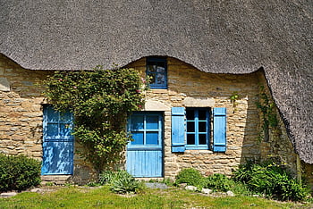 house, blue Door, blue Window, stone Wall, stones, facade, thatched Roof, architecture, window, door, picturesque