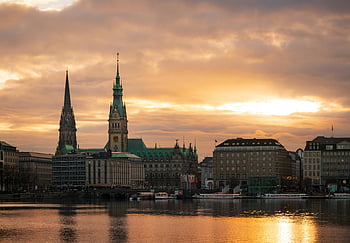 západ slunce, voda, budov, panorama Hamburku, historické architektury, Odrazy nábřeží, panoráma města, večer, městské krajiny, přístav, Německo