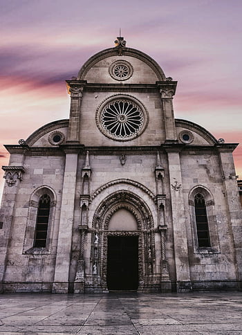 Šibenik cathedral, Croatia, sunset sky, low angle photography, white concrete building, cathedral facade, stunning sunset, architectural details, religious building, historical landmark, European architecture