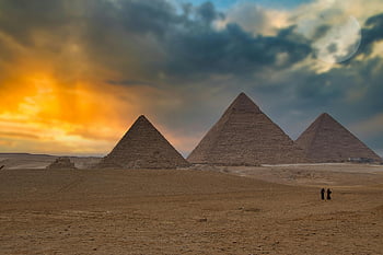 velká pyramida v Gíze, západ slunce, světového dědictví UNESCO, Egypt, pyramidy, dramatická obloha, měsíc, starověké, poušť, historický, mezník