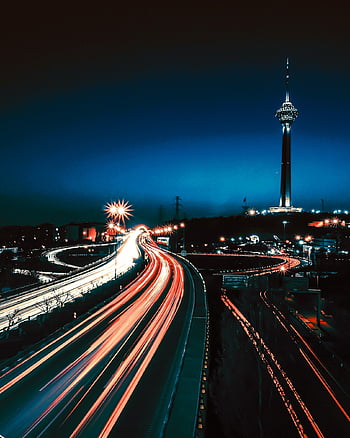 natt, väg, bilar, ljus, stad, trafik