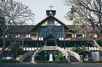 Old Building, Church, Historic, Gothic-style, Kon Tum, Vietnam, unique architecture, church facade, religious building, architectural landmark, heritage site