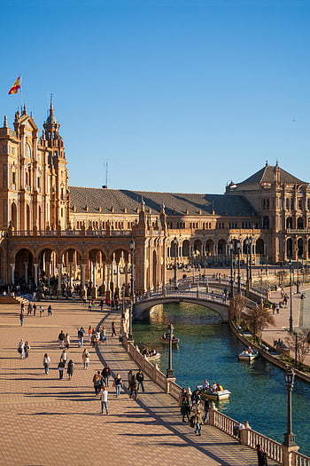plaza de espana, Sewilla, turyści, Oszałamiająca architektura, pieszy, kanał, hiszpańska flaga, historyczna Strona, andaluzja, Hiszpania
