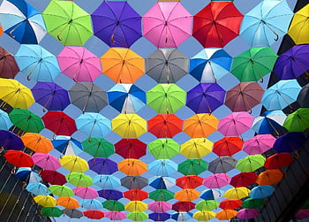 colorful umbrellas, vibrant canopy, multicolored umbrellas, hanging umbrellas, bright umbrellas, blue sky, outdoor art, umbrella installation, colorful art, umbrella display, sky decoration