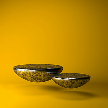 浮遊する金属ディスク、 鮮やかな黄色の背景、 スタジオのセットアップ、 金属ディスク、 浮上、 黄色い背景、 フローティングオブジェクト、 現代美術、 抽象的なデザイン、 3Dレンダリング、 芸術的な構成