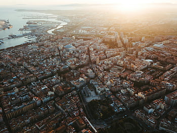 letecké snímkování, městské budovy, Španělsko, tarragona, městské krajiny, západ slunce, Ohromující letecký výstřel, panoráma města, Evropské město, pobřežní město, fotografování západu slunce