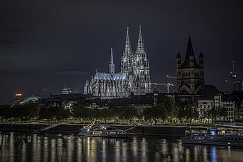 katedrála v Kolíně nad Rýnem, noční dobu, řeka rine, katedrála, kostel, Kolín nad Rýnem, dom, architektura, svítí, budova, sever rhine westphalia