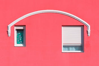 red building facade, modern architecture, two windows, red architecture, building exterior, arch design, minimalism in architecture, colorful building, minimalist design