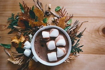 heiße Schokolade, Marshmallows, Holztisch, Herbstblätter, warme Tasse, Becher, Herbst Dekor, gemütliches Getränk, saisonales Getränk, Heißer Kakao, Marshmallow -Topping