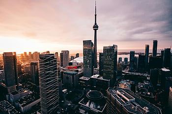 menara CN, toronto skyline, tampak atas, matahari terbenam, Cityscape, lanskap perkotaan, gedung pencakar langit, pusat kota toronto, tengara ikonik, pemandangan malam, Keajaiban Arsitektur