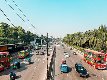 Dhaka, Bangladesh, Vilkas moottoritie, autojen, bussit, Puut, kirkas sininen taivas, ilmakuva, liikenne, tie, ajoneuvoja