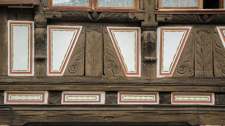 half-timbered house, wood, sculpture, acanthus leaf, architecture, design, Obernai, France, Europe, timber-frame, ornamentation