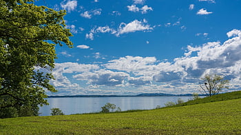 göl, park, gökyüzü, bulutlar, Su, çayır, ağaçlar, doğa, ruh hali, manzara, chiemsee