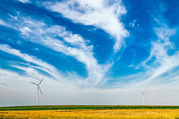 větrné turbíny, modrá obloha, obnovitelná energie, síla větru, udržitelná energie, krajina, mraky, pole, šetrné k životnímu prostředí, zelená energie, venkovské scény